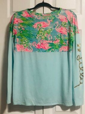 Lilly Pulitzer Flamingo Top XS Blue Pink Tropical Long Sleeve Pima Cotton Modal